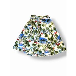 Tropical Beach Print Maxi Skirt L Palm Tree Vacation Resort Tie Waist Button